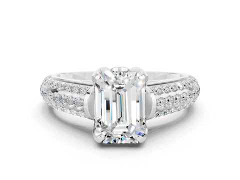 White gold Emerald Cut Moissanite Solitaire Ring with Three-Row Pavé Band and Four-Prong Setting_12