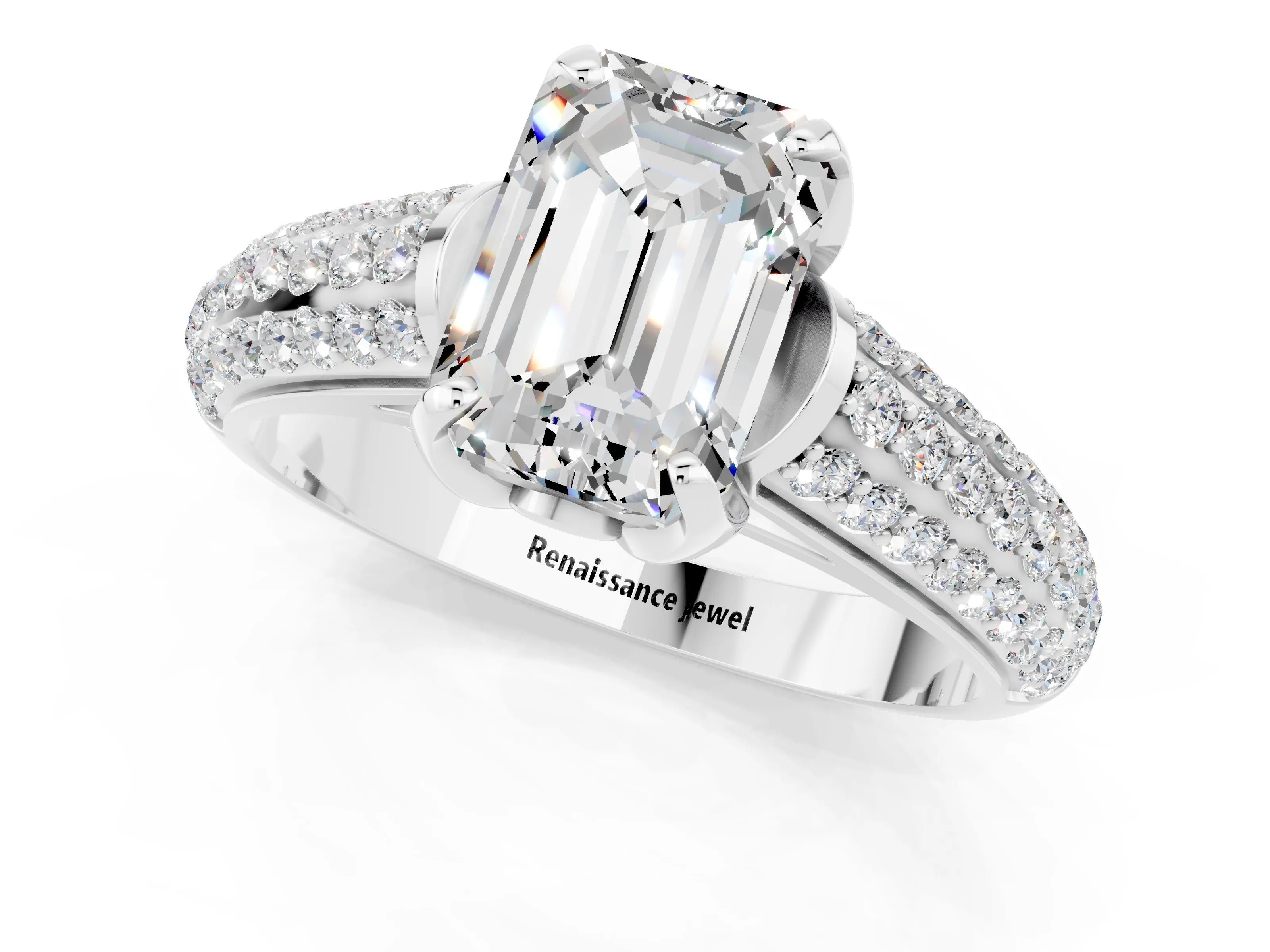 White gold Emerald Cut Moissanite Solitaire Ring with Three-Row Pavé Band and Four-Prong Setting_13