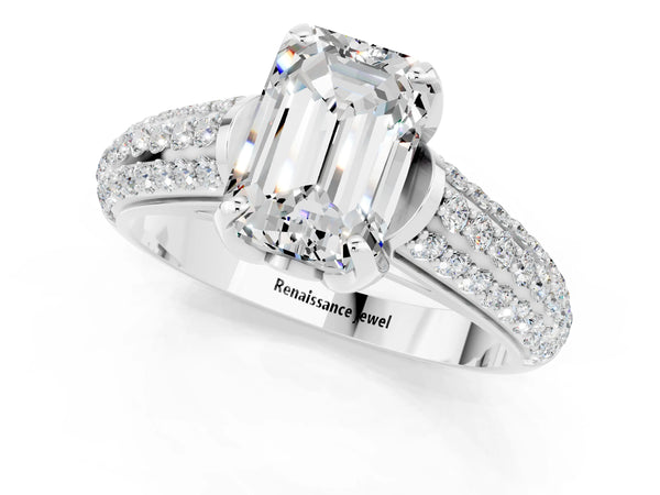 Silver Emerald Cut Moissanite Solitaire Ring with Three-Row Pavé Band and Four-Prong Setting