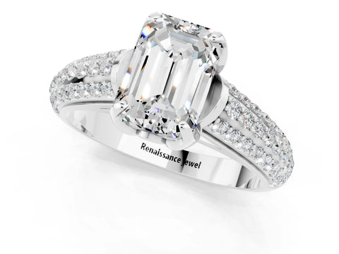 White gold Emerald Cut Moissanite Solitaire Ring with Three-Row Pavé Band and Four-Prong Setting_13