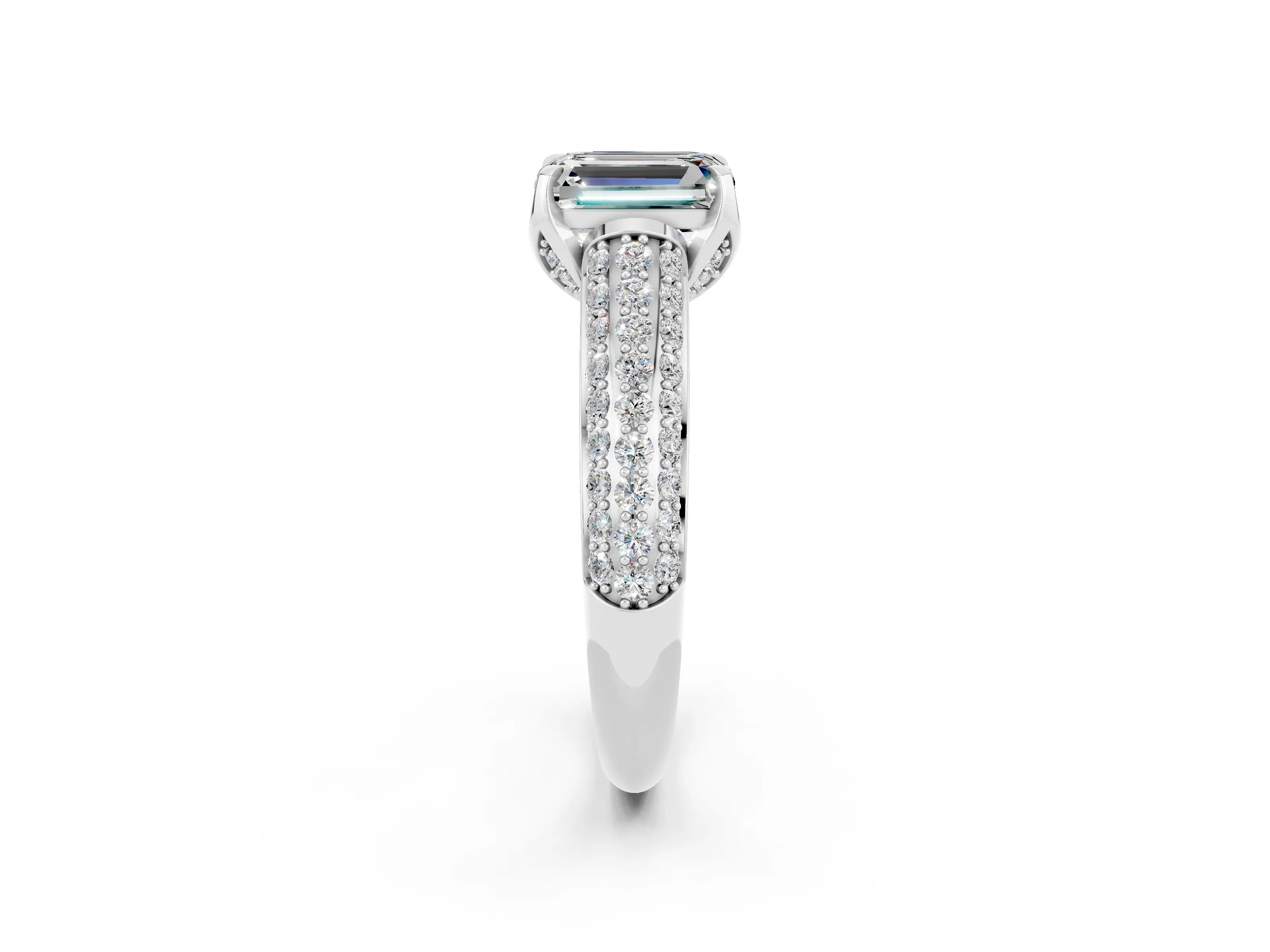 White gold Emerald Cut Moissanite Solitaire Ring with Three-Row Pavé Band and Four-Prong Setting_14