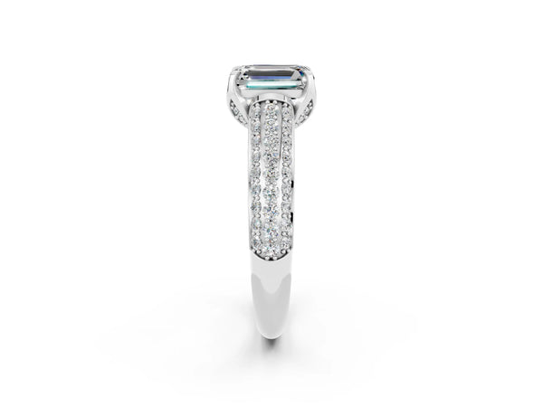White gold Emerald Cut Moissanite Solitaire Ring with Three-Row Pavé Band and Four-Prong Setting