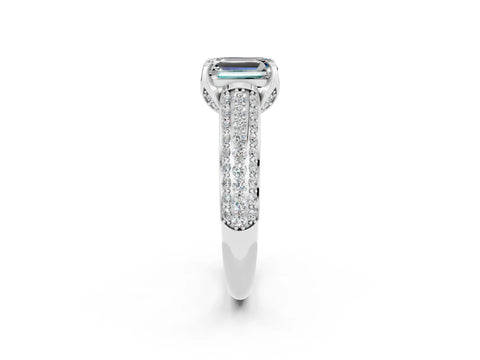 White gold Emerald Cut Moissanite Solitaire Ring with Three-Row Pavé Band and Four-Prong Setting_14