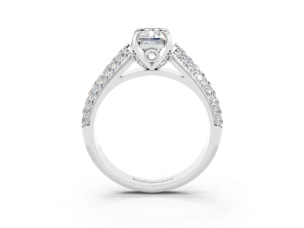 White gold Emerald Cut Moissanite Solitaire Ring with Three-Row Pavé Band and Four-Prong Setting