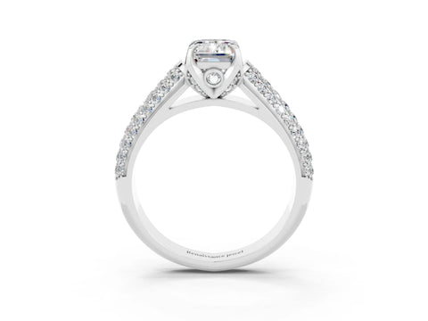 White gold Emerald Cut Moissanite Solitaire Ring with Three-Row Pavé Band and Four-Prong Setting_15