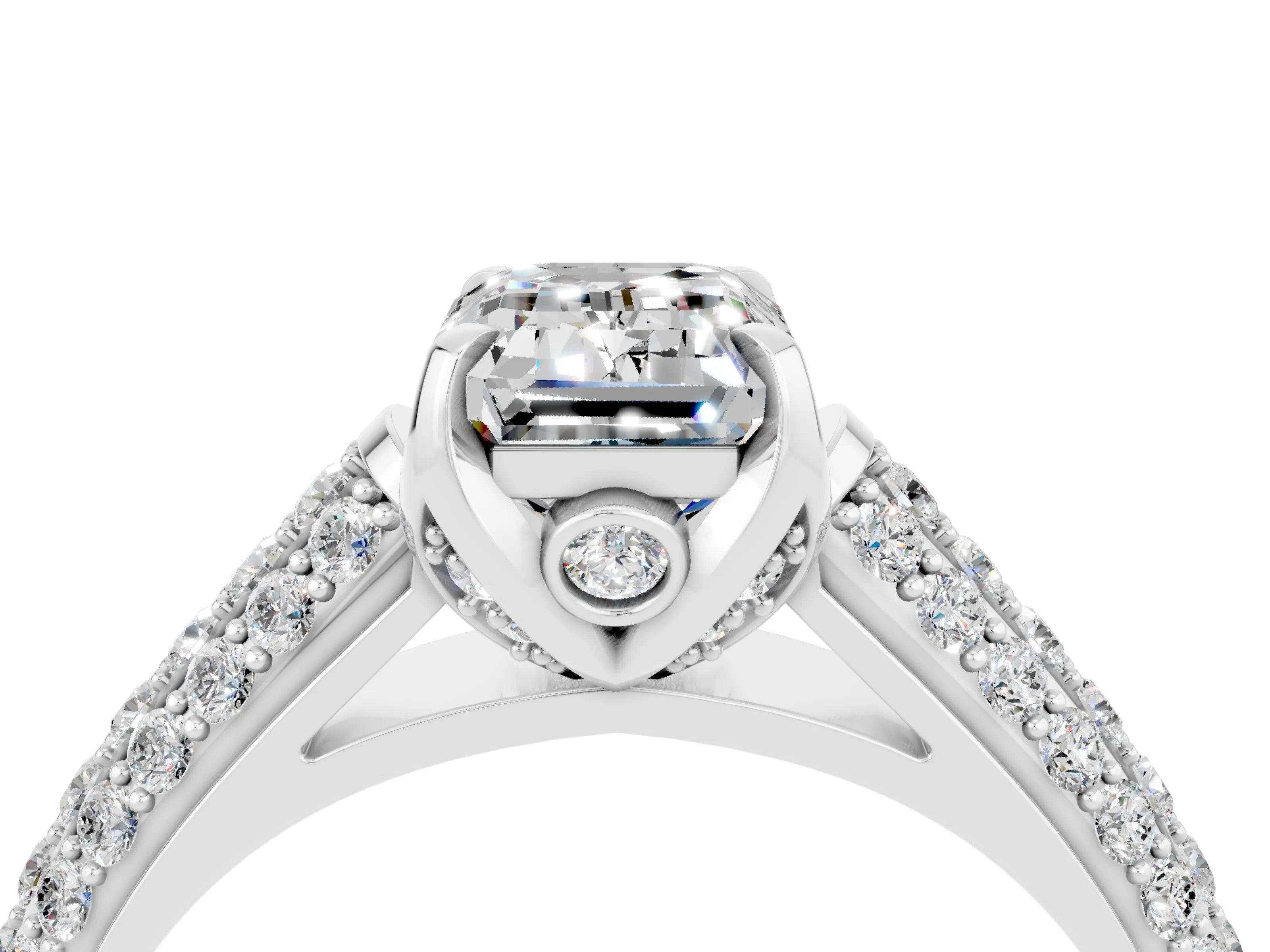 White gold Emerald Cut Moissanite Solitaire Ring with Three-Row Pavé Band and Four-Prong Setting_16
