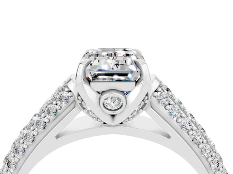 White gold Emerald Cut Moissanite Solitaire Ring with Three-Row Pavé Band and Four-Prong Setting_16