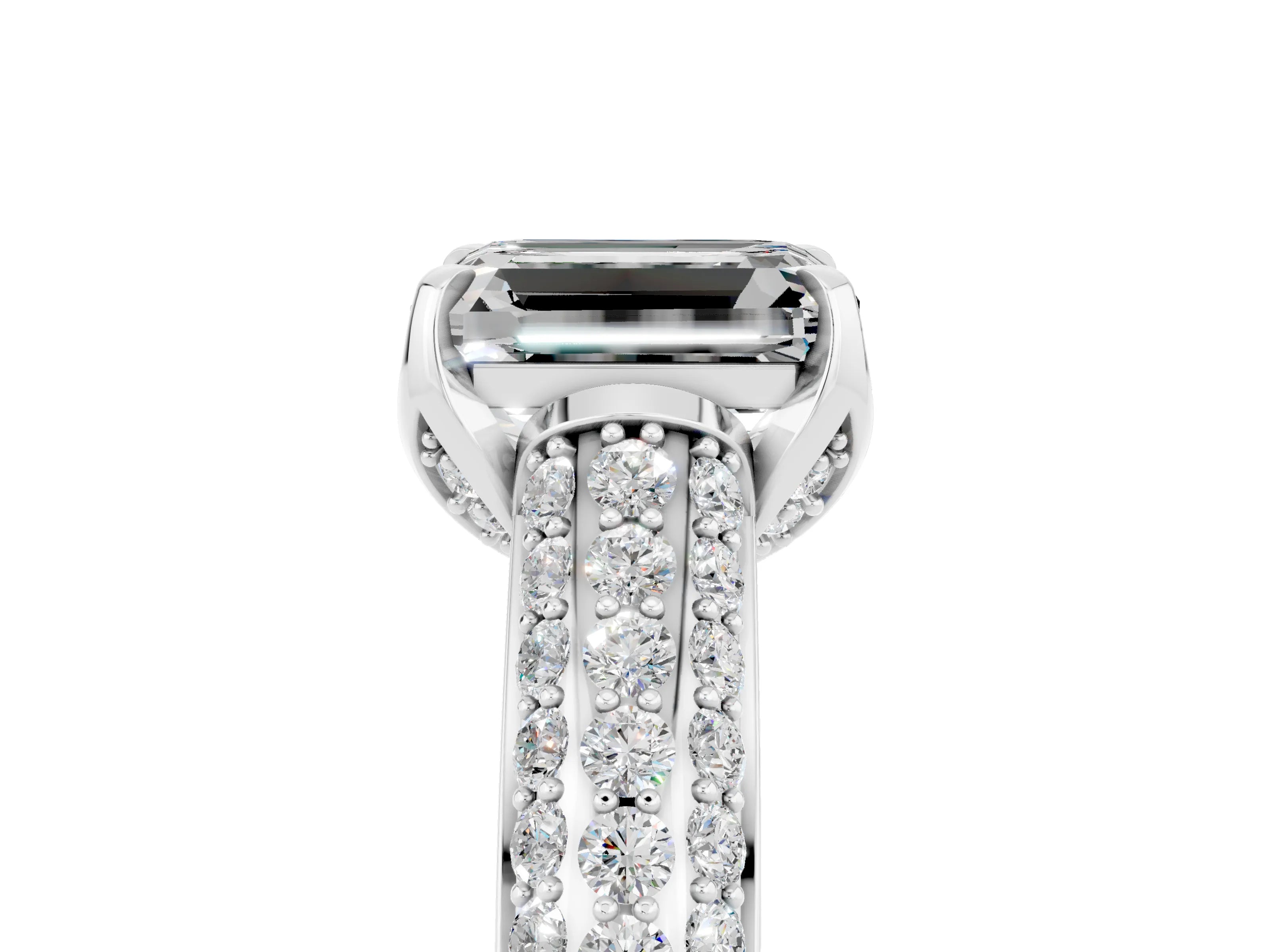 White gold Emerald Cut Moissanite Solitaire Ring with Three-Row Pavé Band and Four-Prong Setting_17