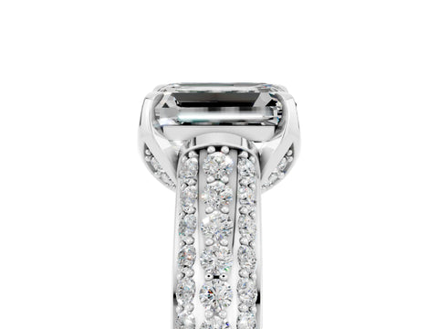 White gold Emerald Cut Moissanite Solitaire Ring with Three-Row Pavé Band and Four-Prong Setting_17
