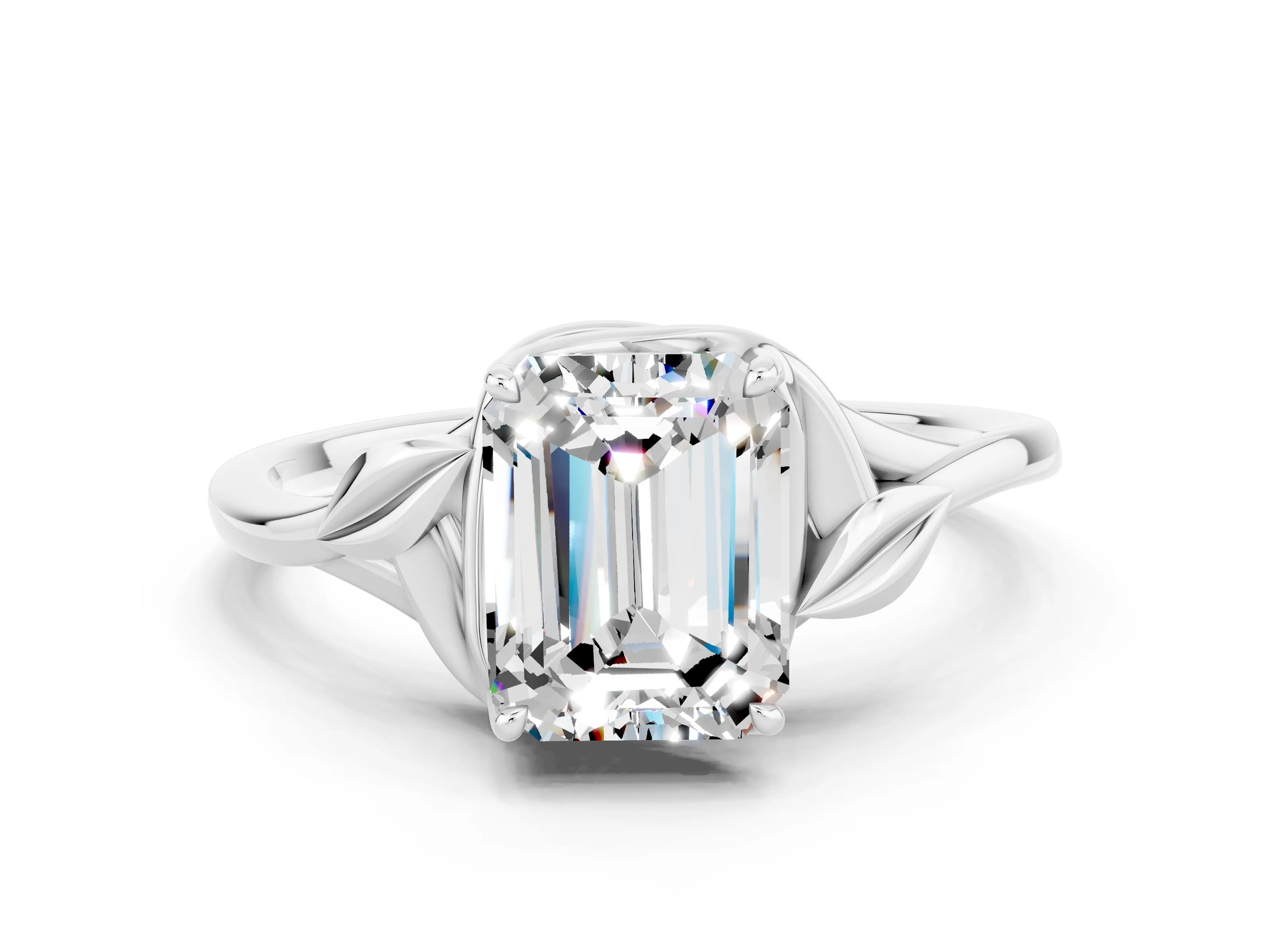 White gold Emerald Cut Moissanite Solitaire Ring with Twist Band and Four-Prong Setting_12