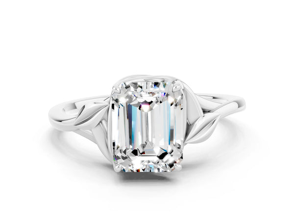 Silver Emerald Cut Moissanite Solitaire Ring with Twist Band and Four-Prong Setting