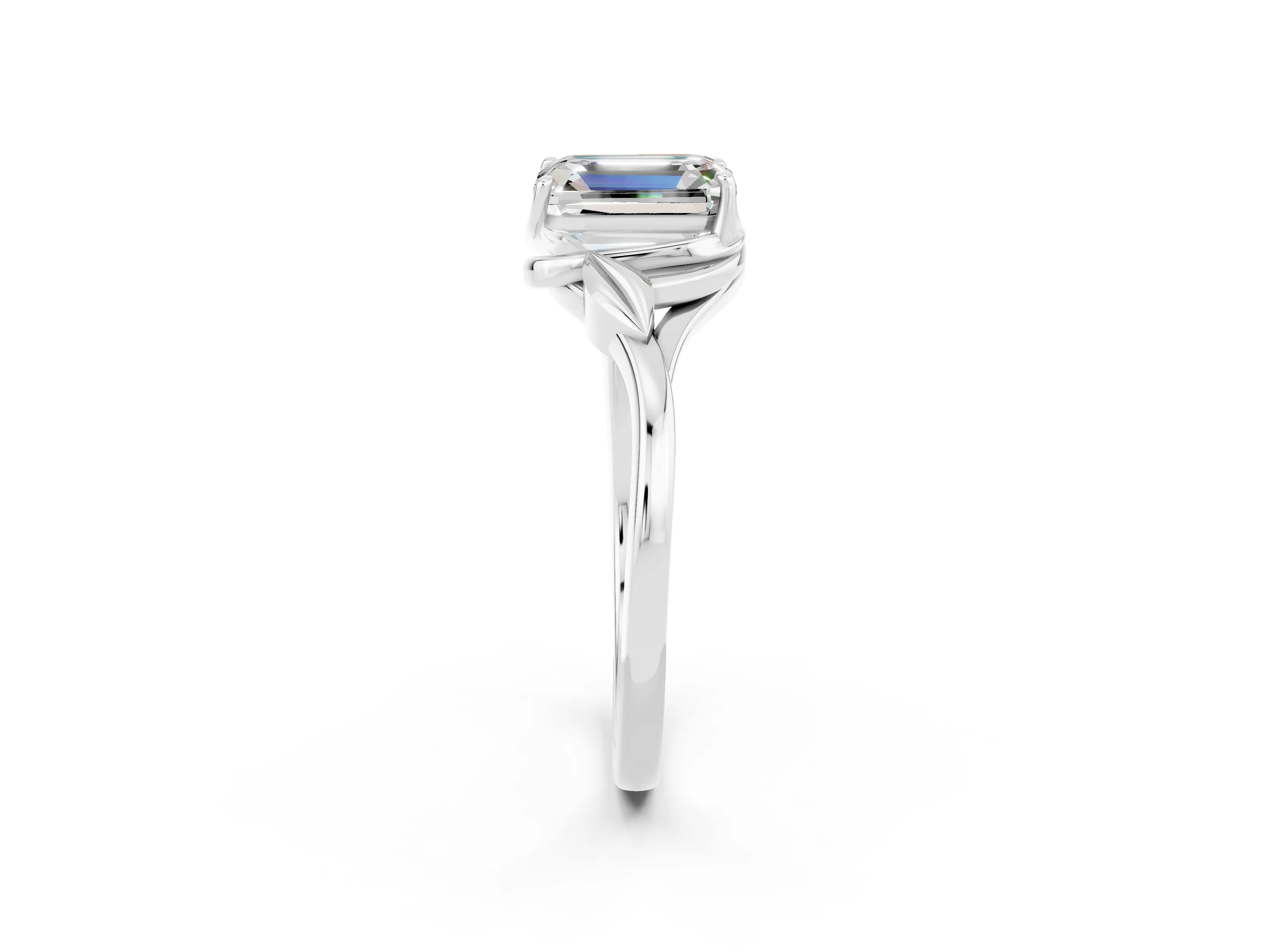 White gold Emerald Cut Moissanite Solitaire Ring with Twist Band and Four-Prong Setting_14
