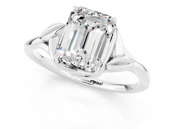 White gold Emerald Cut Moissanite Solitaire Ring with Twist Band and Four-Prong Setting