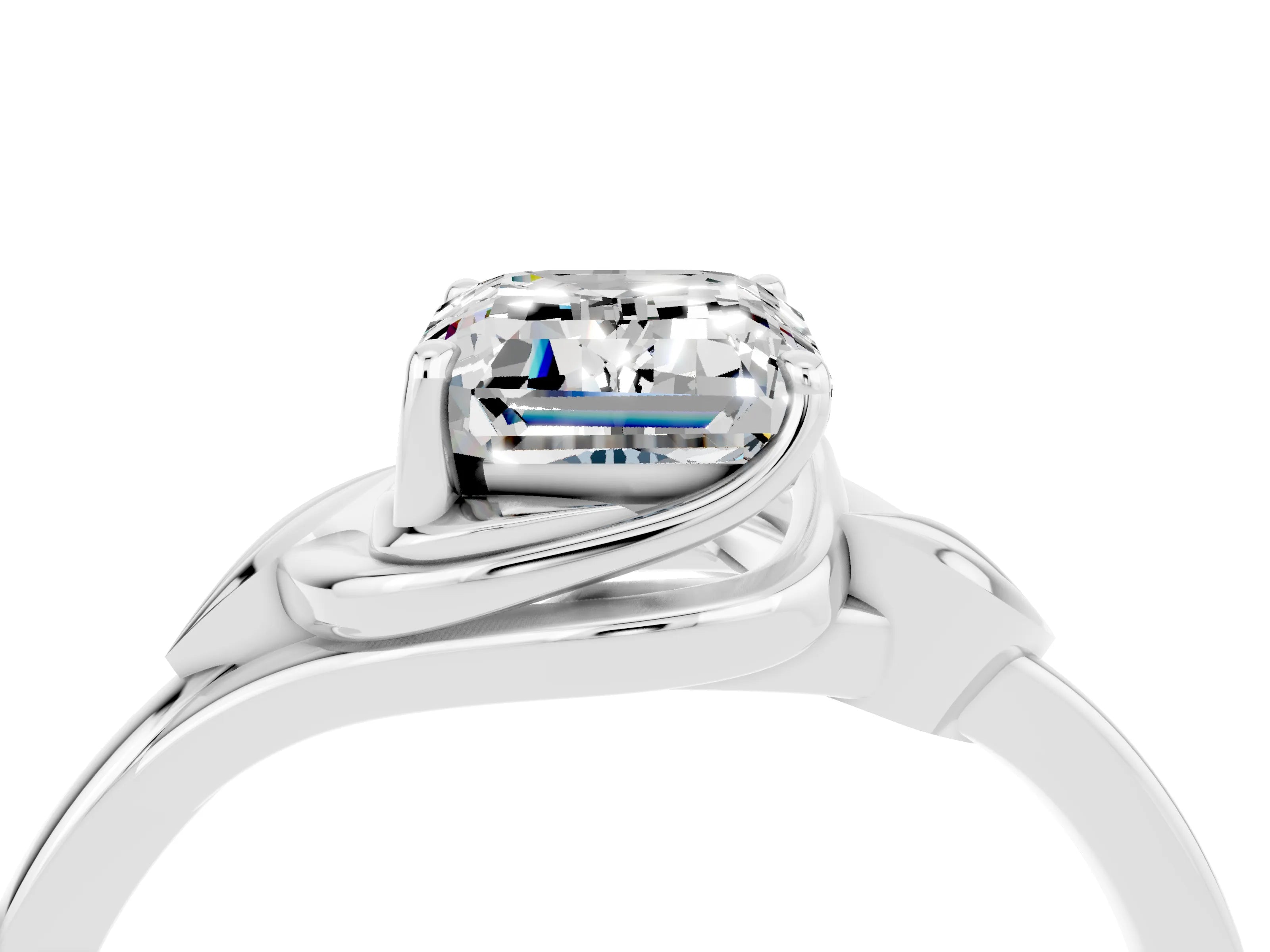 White gold Emerald Cut Moissanite Solitaire Ring with Twist Band and Four-Prong Setting_40