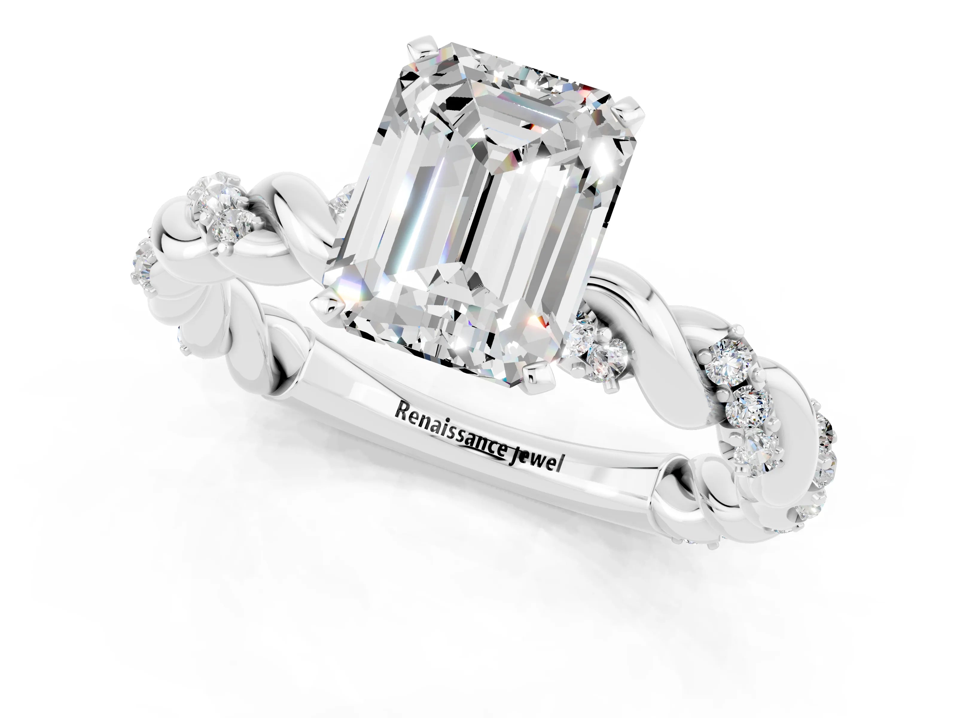 White gold Emerald Cut Moissanite Solitaire Ring with Twisted Band and Pavé Accents_1