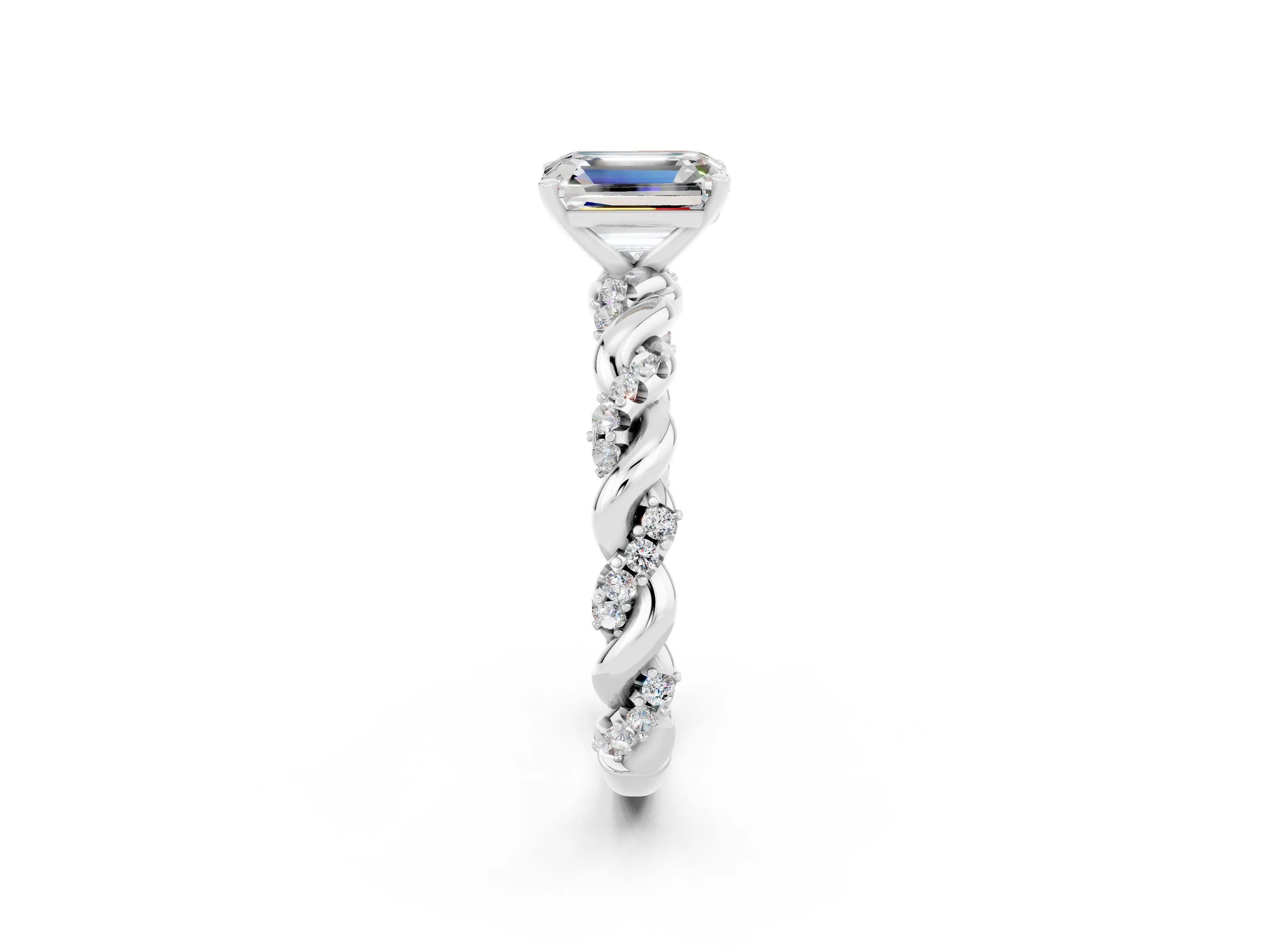 White gold Emerald Cut Moissanite Solitaire Ring with Twisted Band and Pavé Accents_2