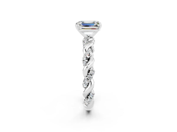 White gold Emerald Cut Moissanite Solitaire Ring with Twisted Band and Pavé Accents