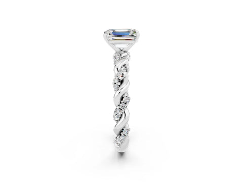 White gold Emerald Cut Moissanite Solitaire Ring with Twisted Band and Pavé Accents_2