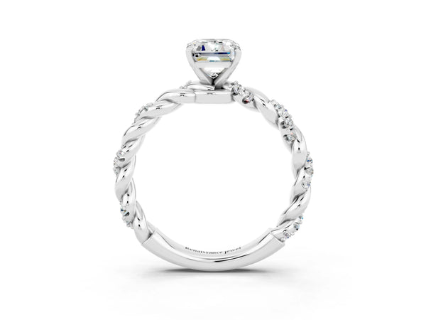 Silver Emerald Cut Moissanite Solitaire Ring with Twisted Band and Pavé Accents