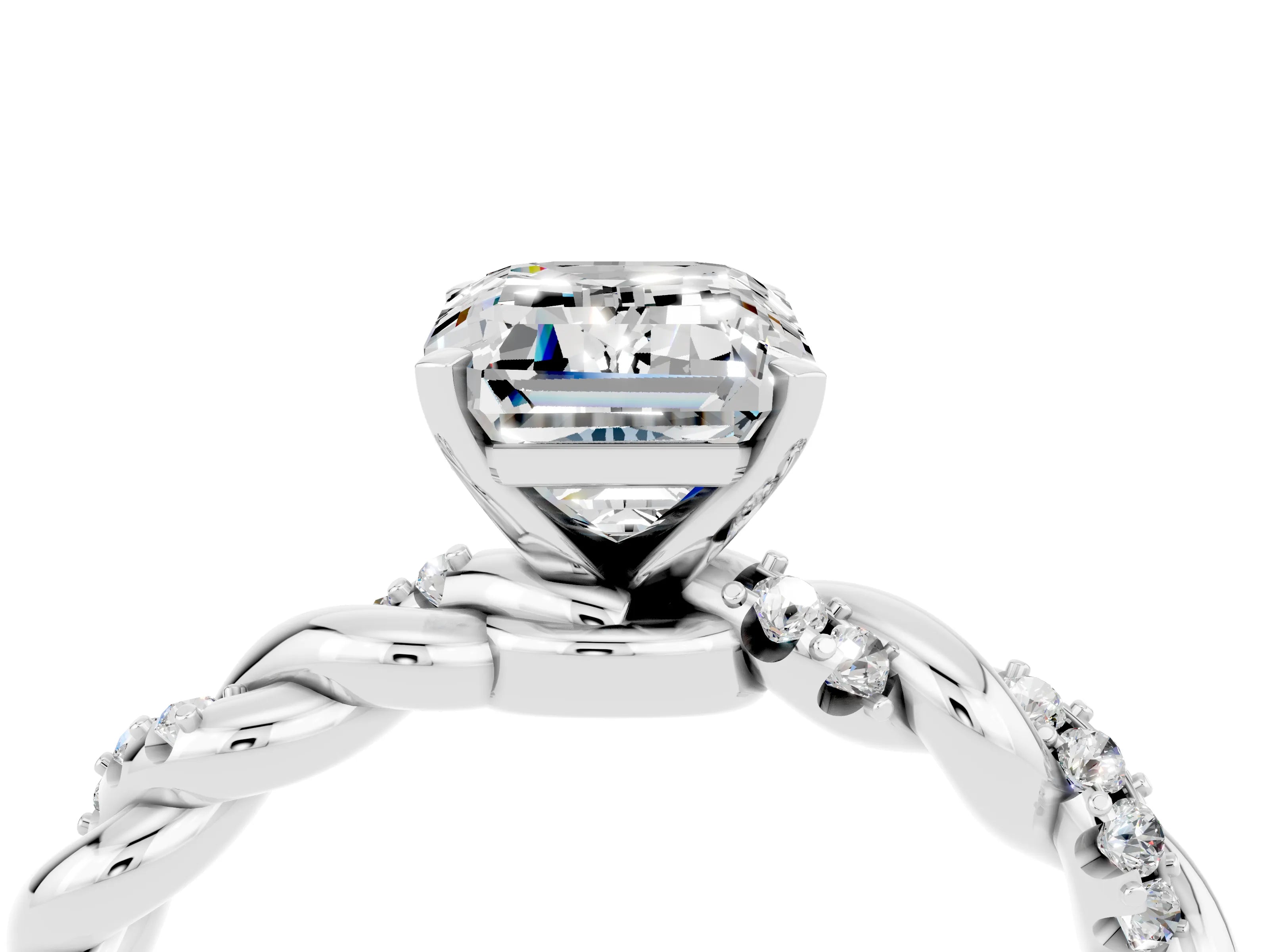 White gold Emerald Cut Moissanite Solitaire Ring with Twisted Band and Pavé Accents_4