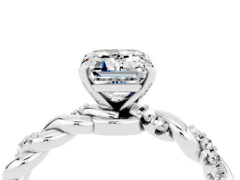 White gold Emerald Cut Moissanite Solitaire Ring with Twisted Band and Pavé Accents_4