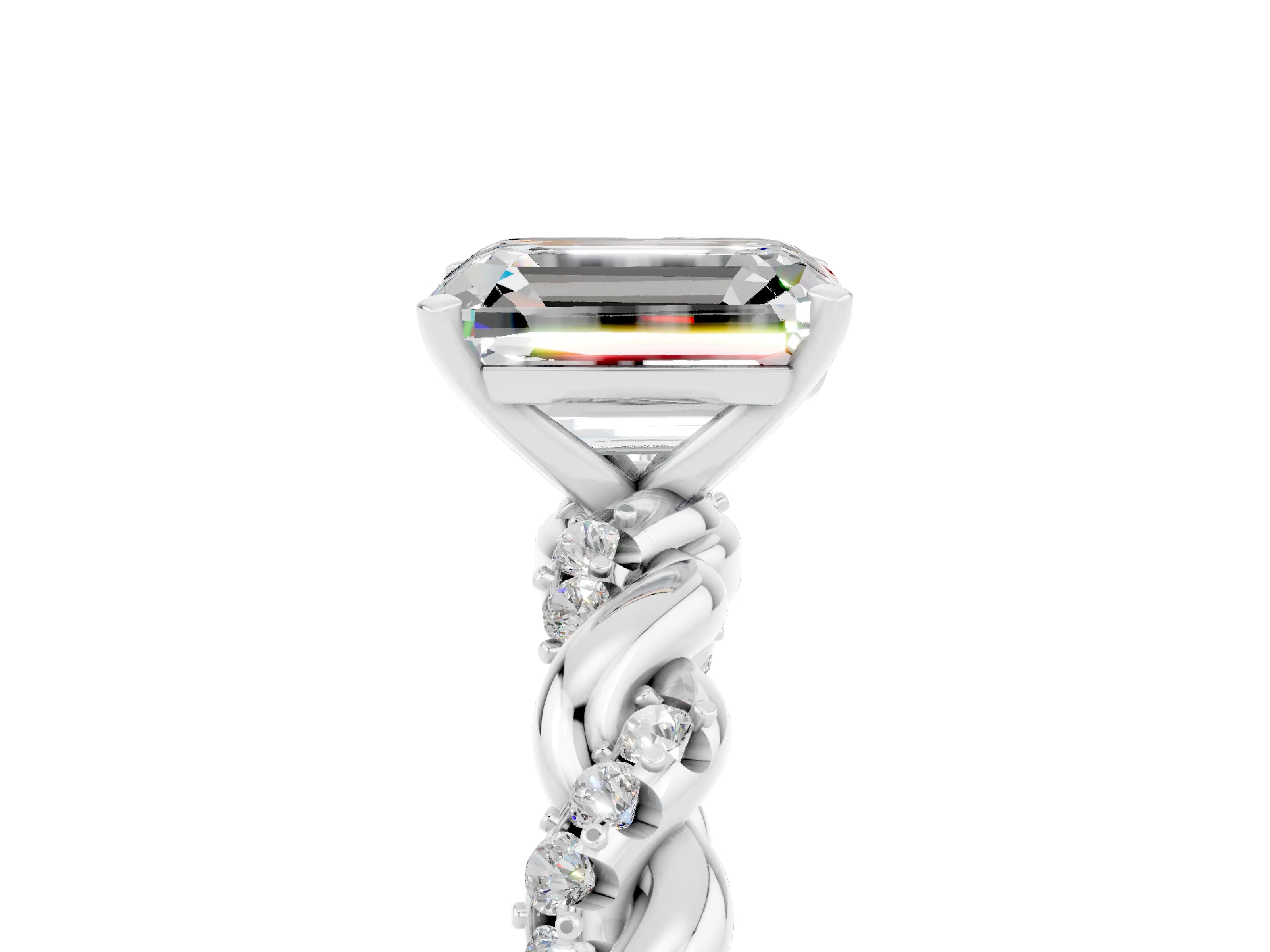 White gold Emerald Cut Moissanite Solitaire Ring with Twisted Band and Pavé Accents_5