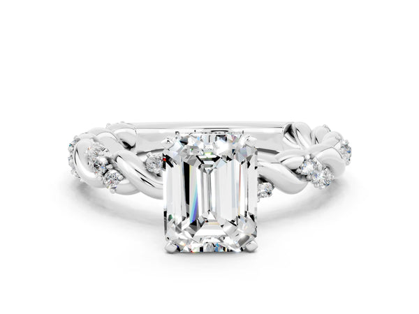 Silver Emerald Cut Moissanite Solitaire Ring with Twisted Band and Pavé Accents