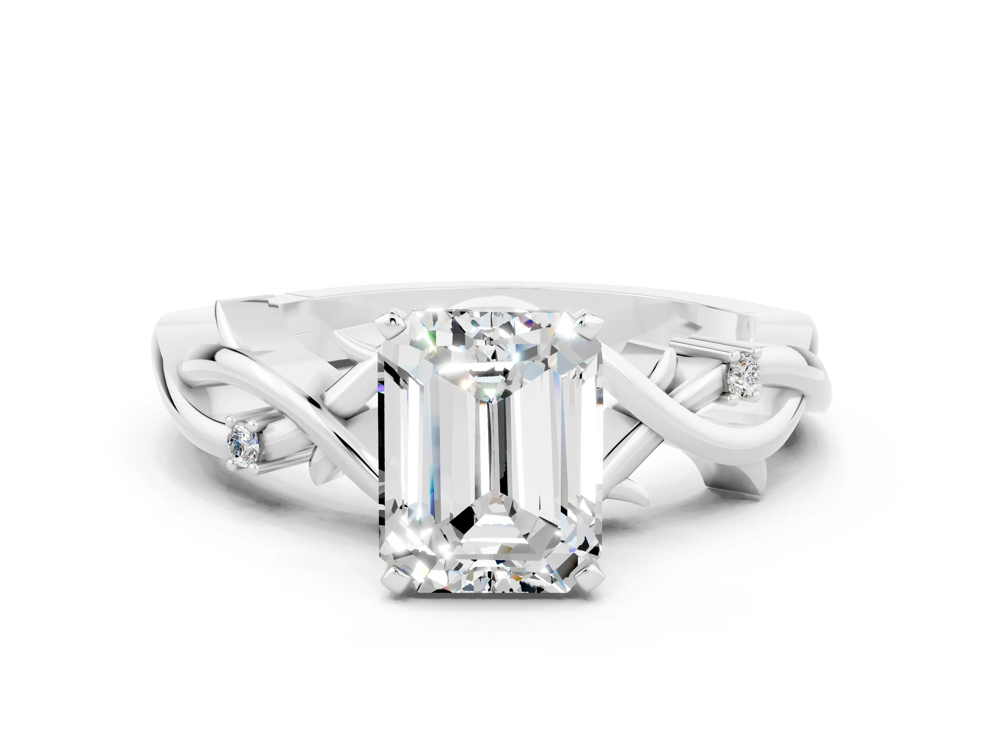 White gold Emerald Cut Moissanite Solitaire Ring with Twisted Band and Prong Setting_12