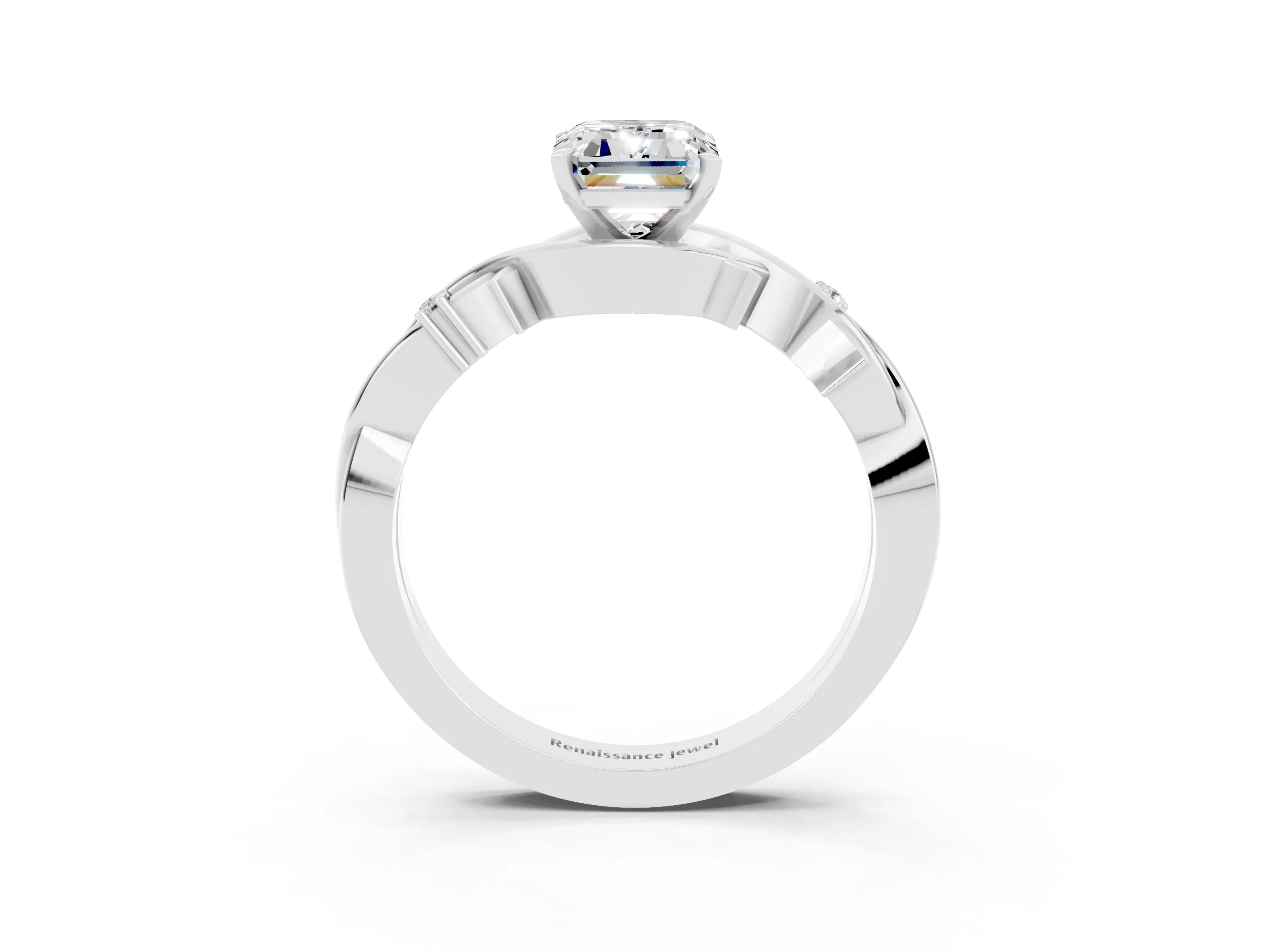 White gold Emerald Cut Moissanite Solitaire Ring with Twisted Band and Prong Setting_15