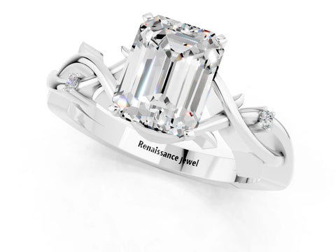 White gold Emerald Cut Moissanite Solitaire Ring with Twisted Band and Prong Setting_1