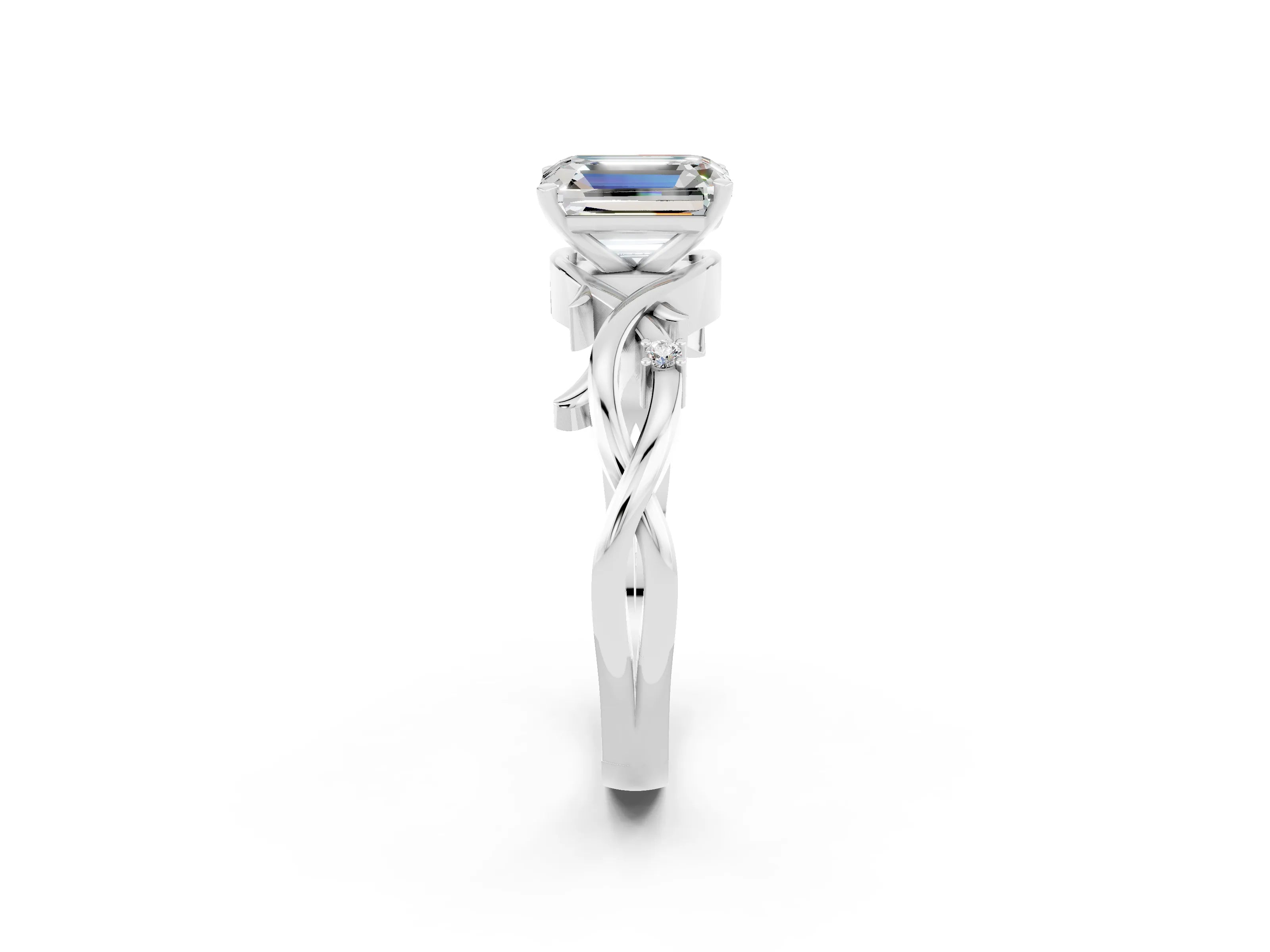 White gold Emerald Cut Moissanite Solitaire Ring with Twisted Band and Prong Setting_2