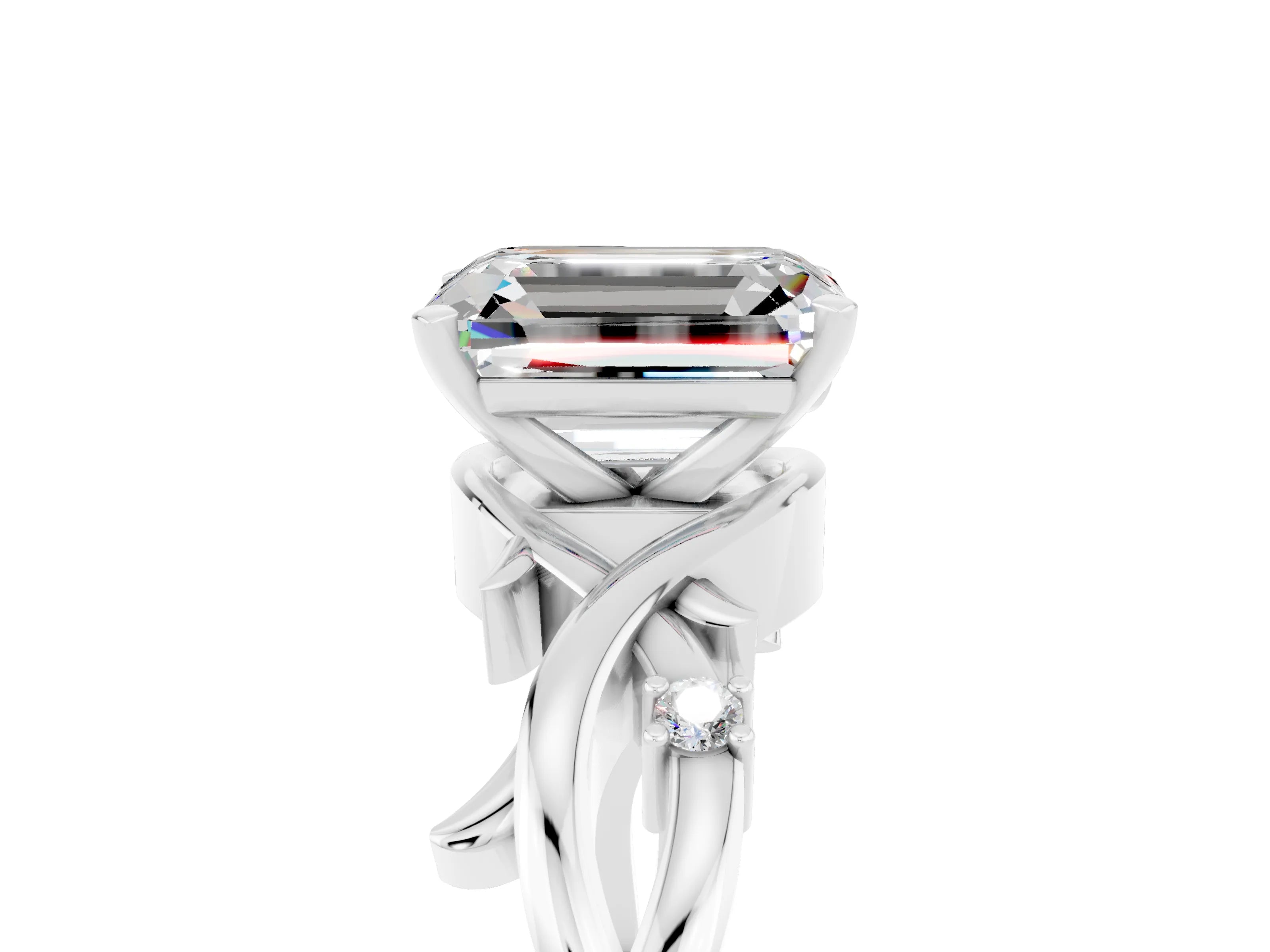 White gold Emerald Cut Moissanite Solitaire Ring with Twisted Band and Prong Setting_5