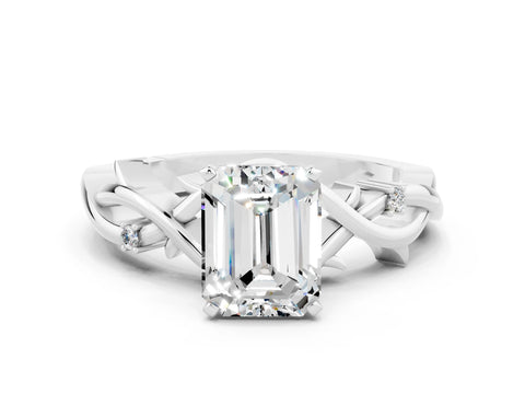 White gold Emerald Cut Moissanite Solitaire Ring with Twisted Band and Prong Setting