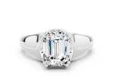White gold Emerald Cut Moissanite Solitaire Ring with Wide Band and Prong Setting