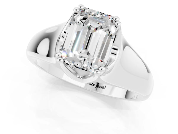 Platinum Emerald Cut Moissanite Solitaire Ring with Wide Band and Prong Setting