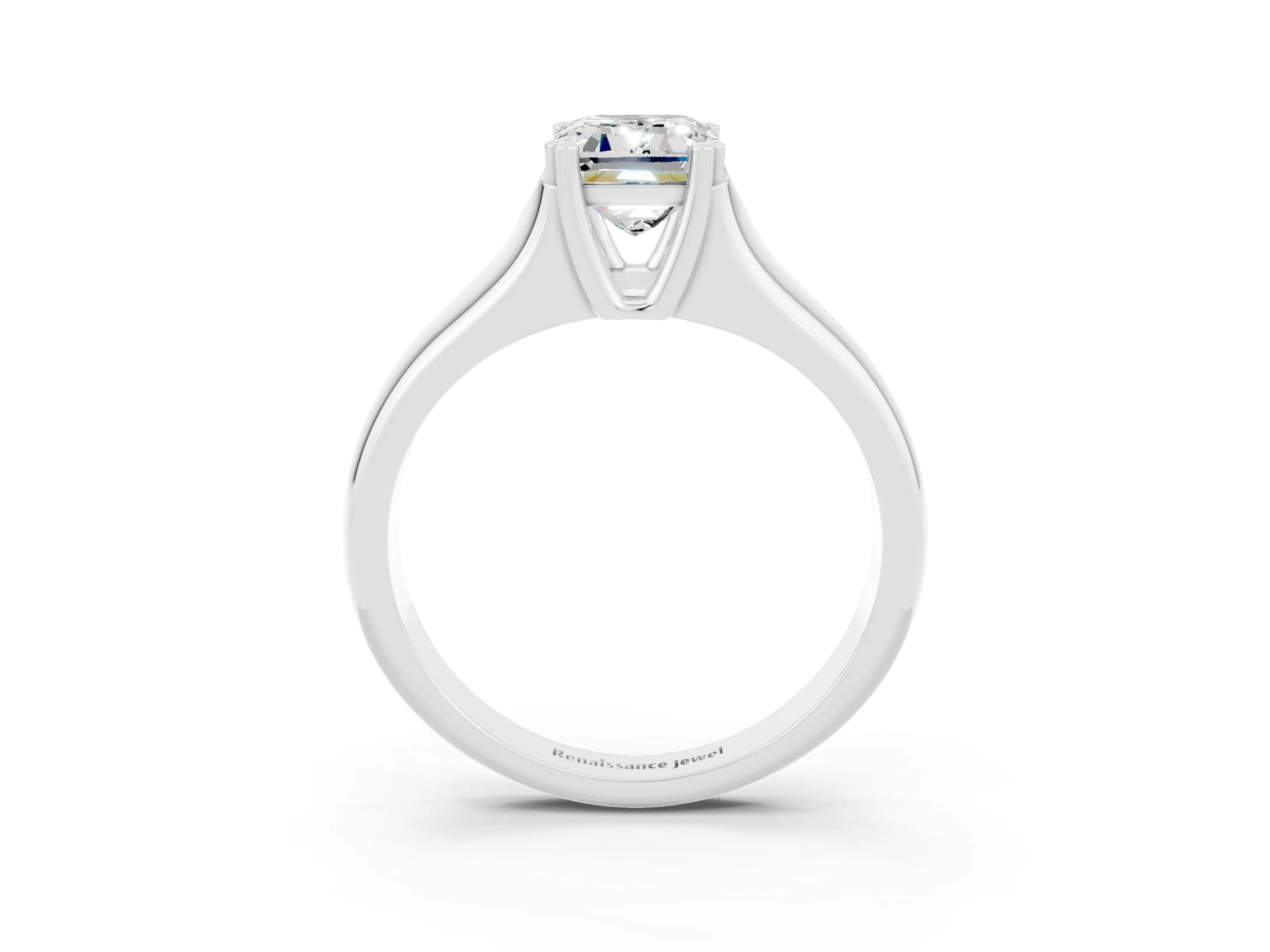 White gold Emerald Cut Moissanite Solitaire Ring with Wide Band and Prong Setting_3