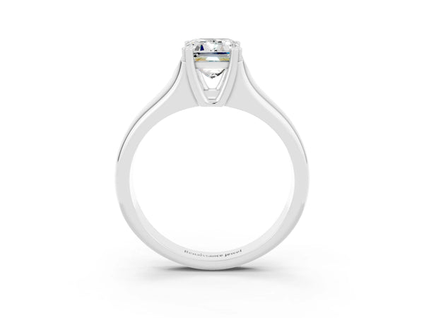 Silver Emerald Cut Moissanite Solitaire Ring with Wide Band and Prong Setting