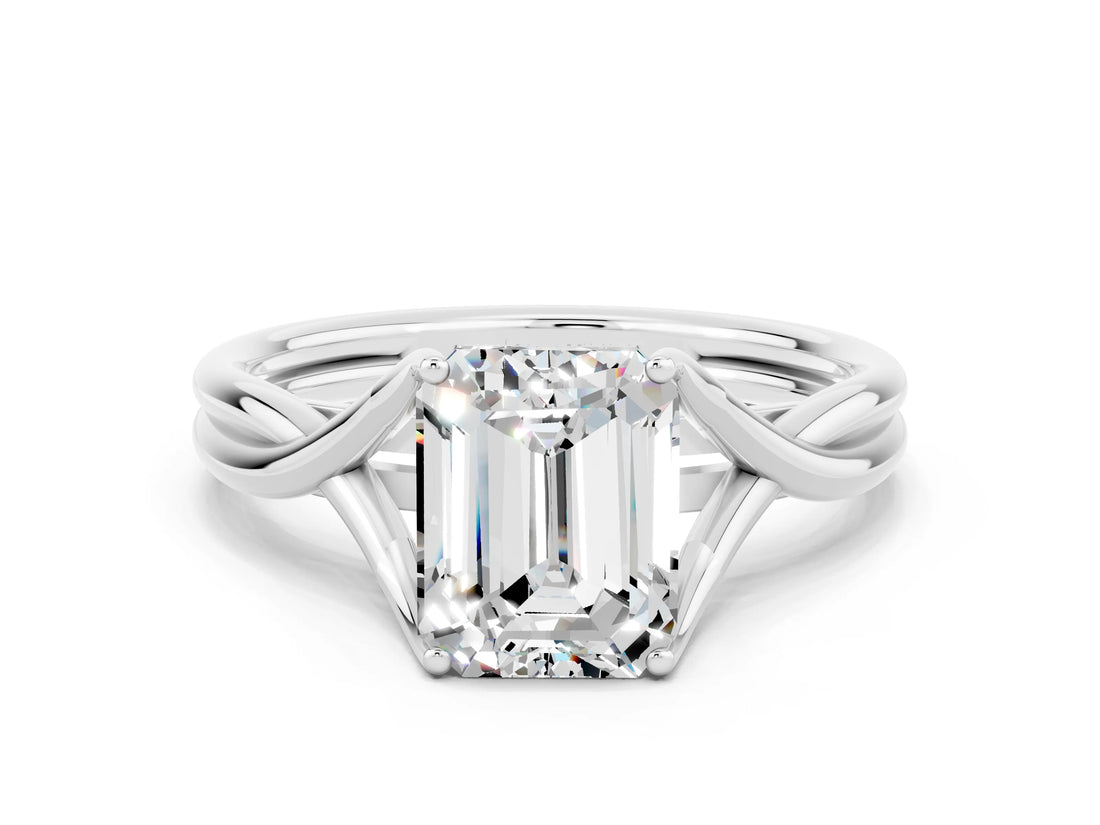 White gold Emerald Cut Moissanite Solitaire Twist Band Prong Setting Ring_36
