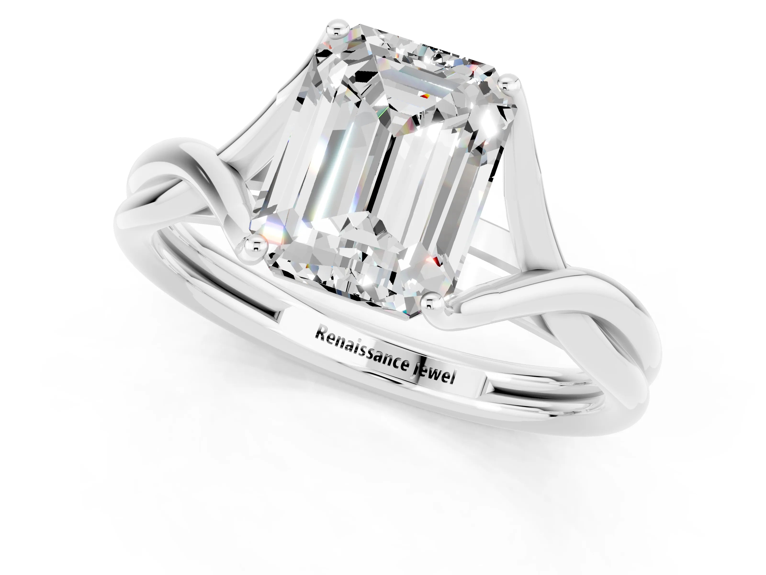 White gold Emerald Cut Moissanite Solitaire Twist Band Prong Setting Ring_37