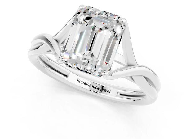 Platinum Emerald Cut Moissanite Solitaire Twist Band Prong Setting Ring