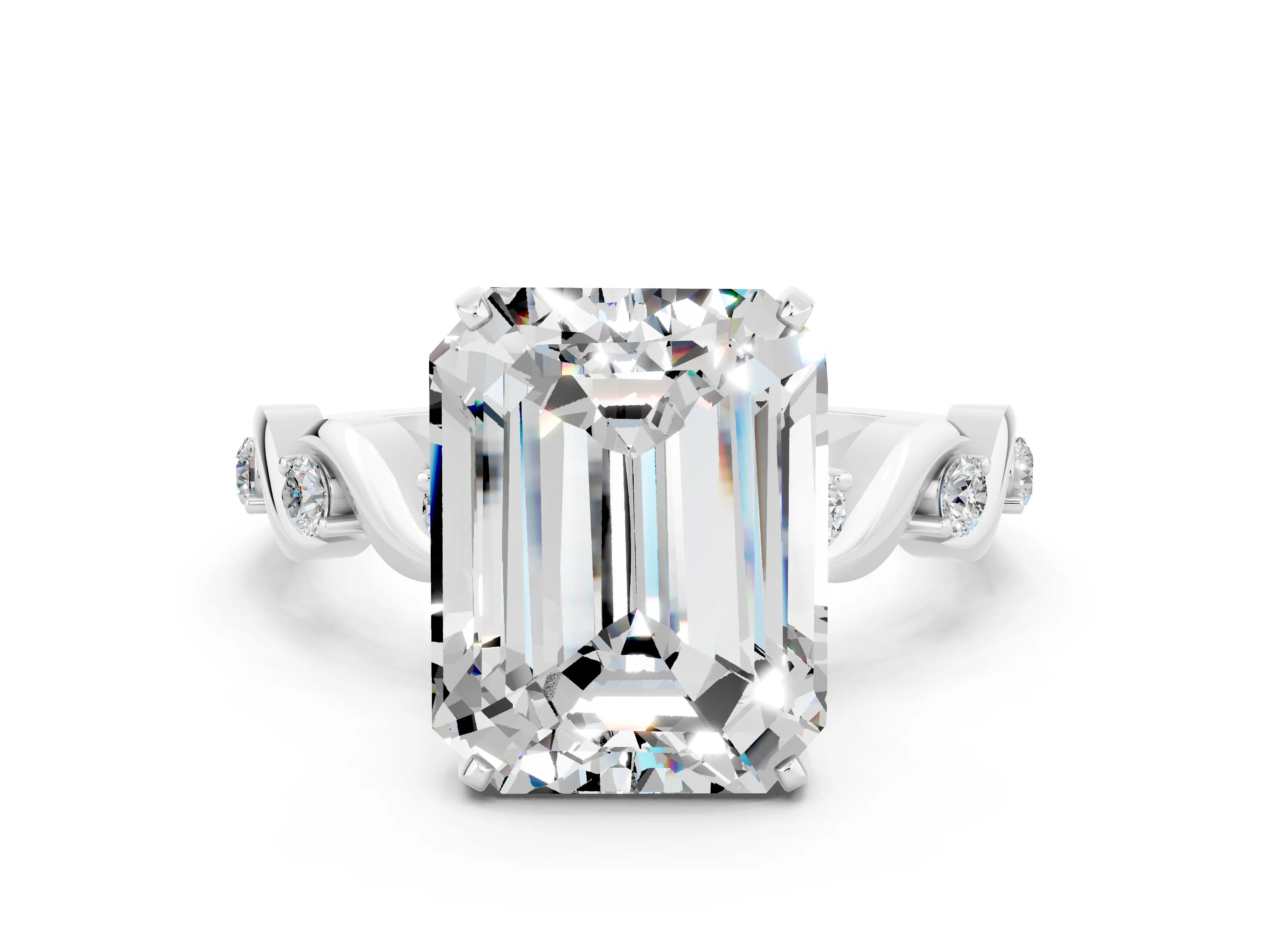 White gold Emerald Cut Moissanite Solitaire Twisted Band with Round  Accents and Prong Setting_12