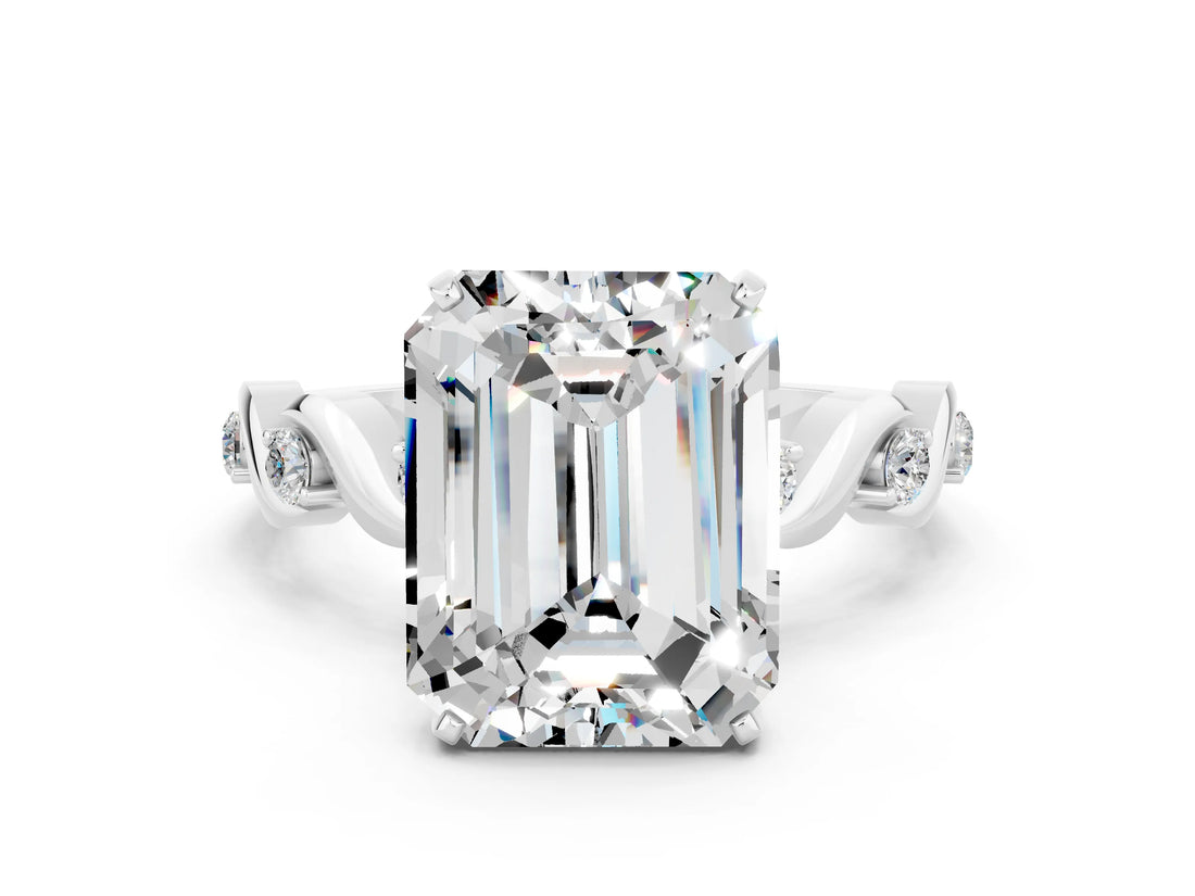 White gold Emerald Cut Moissanite Solitaire Twisted Band with Round  Accents and Prong Setting_12