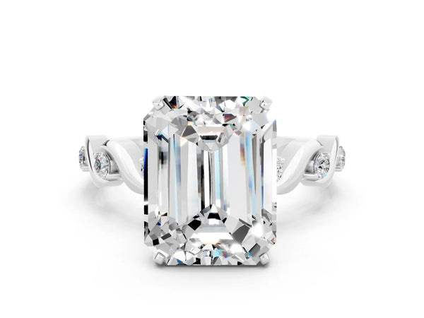 Platinum Emerald Cut Moissanite Solitaire Twisted Band with Round  Accents and Prong Setting