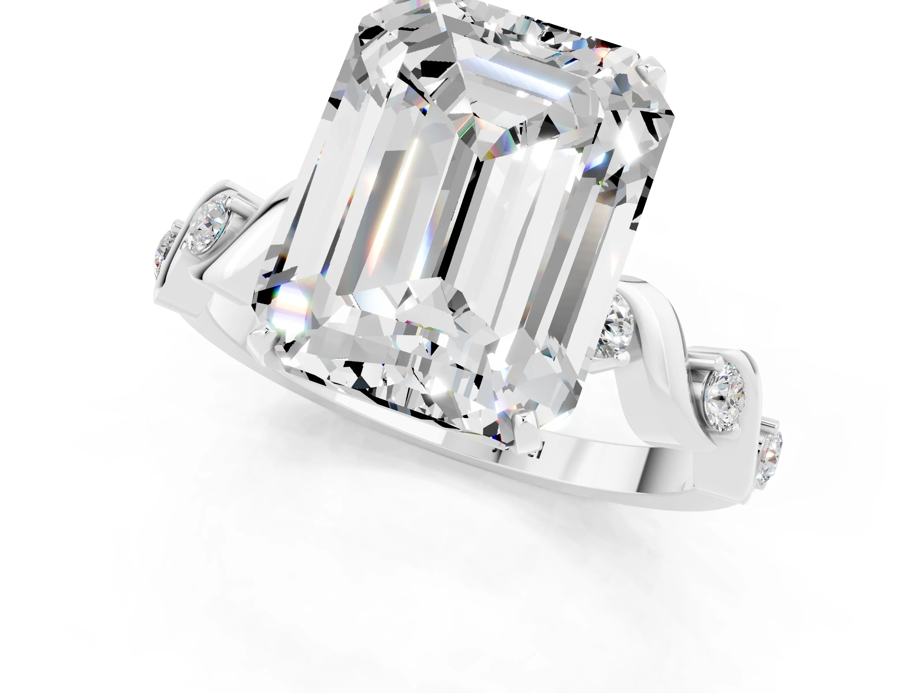White gold Emerald Cut Moissanite Solitaire Twisted Band with Round  Accents and Prong Setting_13