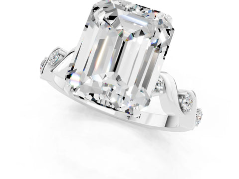 White gold Emerald Cut Moissanite Solitaire Twisted Band with Round  Accents and Prong Setting_13