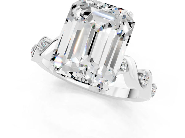 Silver Emerald Cut Moissanite Solitaire Twisted Band with Round  Accents and Prong Setting