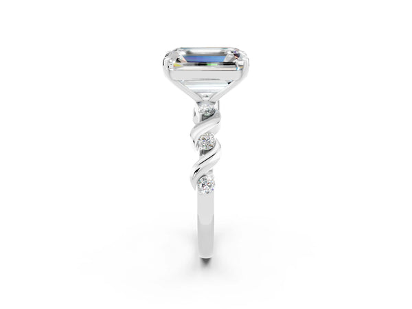 Platinum Emerald Cut Moissanite Solitaire Twisted Band with Round  Accents and Prong Setting