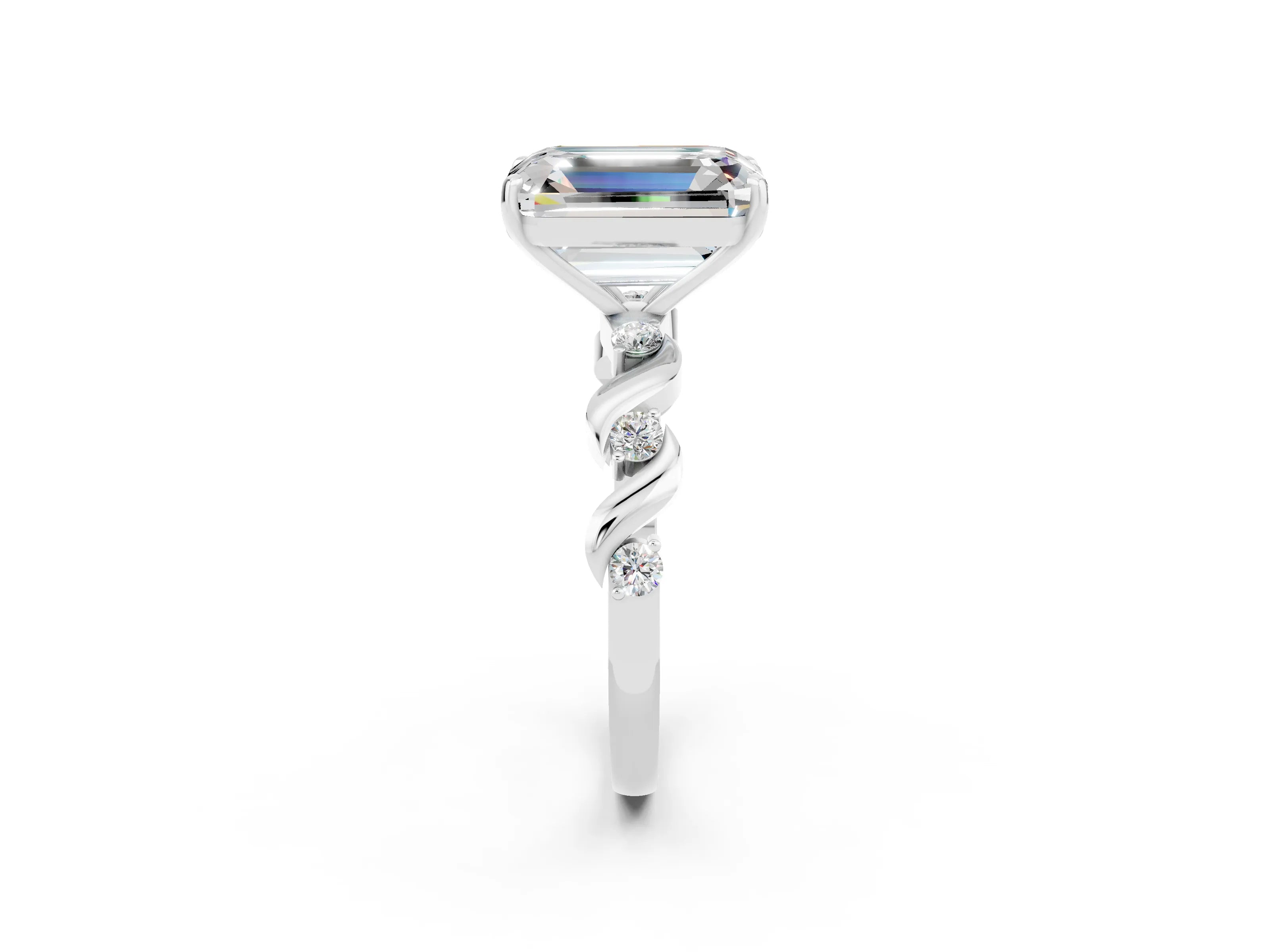 White gold Emerald Cut Moissanite Solitaire Twisted Band with Round  Accents and Prong Setting_14