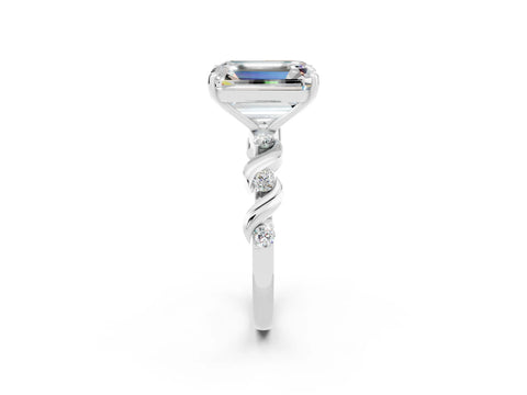 White gold Emerald Cut Moissanite Solitaire Twisted Band with Round  Accents and Prong Setting_14