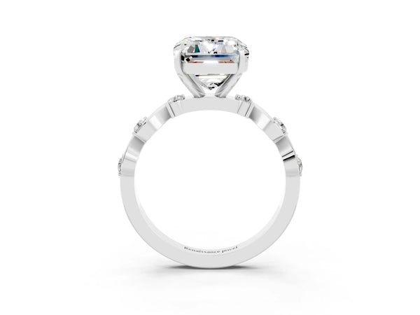 Platinum Emerald Cut Moissanite Solitaire Twisted Band with Round  Accents and Prong Setting